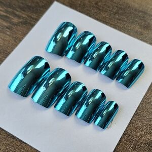 24 pcs blue metallic iridescent mirror party sexy Press on nails